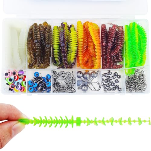 175 Pcs Fishing Soft Lures TPE Threaded Bait Equipment Tackle Gear Box for Bass, Fish Kit with Soft Lures,Hooks, Accessories Tools,Spinner, Beans,Plastic Bait, Swimbait,Crankbaits
