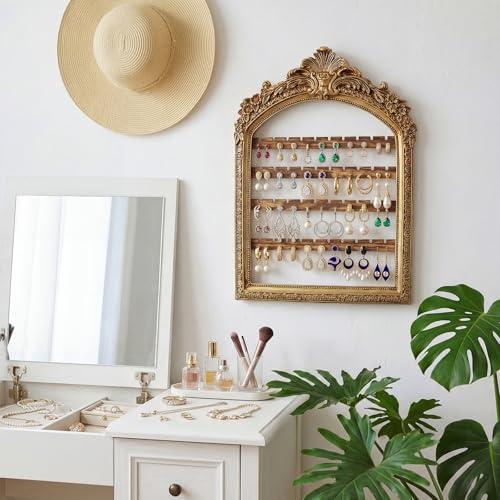 1 Pcs 13 x 9.3'' Wall Hanging Earring Holder Organizers Vintage Arched Frame 4 Layer Wall Mounted Jewelry Holder Decorative Retro Baroque Stud Earring Display (Gold) - color: Gold, size: 13 x 9.3''