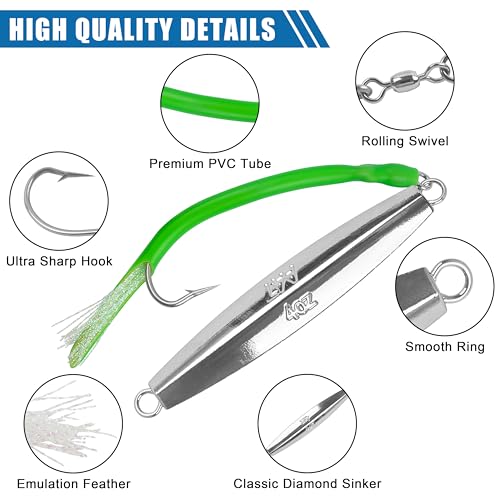 Saltwater Fishing Diamond Jig, 1pcs Casting Jigging Spoon Surf Fishing Trolling Lure Metal Jig with Tube Tail for Striper Bluefish Tuna Salmon 1oz 2oz 3oz 4oz - color: Green, size: 1oz