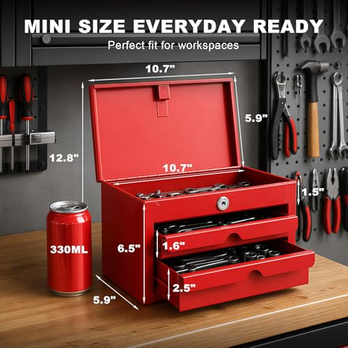 BIG RED Mini Steel Tool Box with Drawer, Small Metal Tool Box Organizer | Lockable Top Storage, Multi-Purpose Portable Tool Box Organize for Desk, Home, Garage, desk or Workbench, Red - color: Red, size: 10.7 Inch