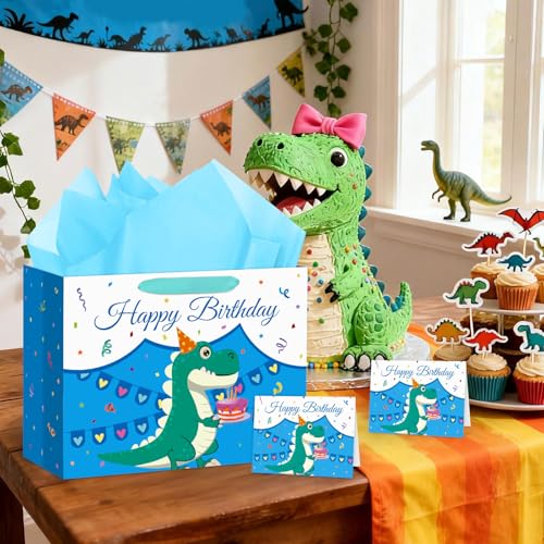 Hooqict Large Dinosaur Gift Bag with Handles, Tissue Paper and Greeting Card Blue Dinosaur Happy Birthday Party Bag for Boys Kids Goodie Treat Candy Party Favors - color: Dinosaur