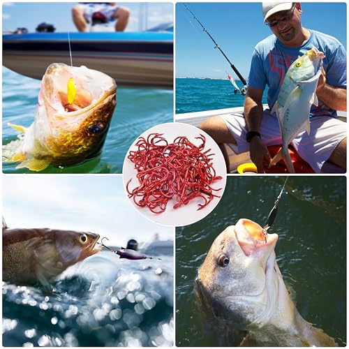 Fishing Treble Hooks - Sharp Strong Red Treble Fishing Hooks High Carbon Steel Triple Hooks Round Bend Barbed Fish Hook for Saltwater Freshwater Size #14-1/0 - size: 60pcs-1/0