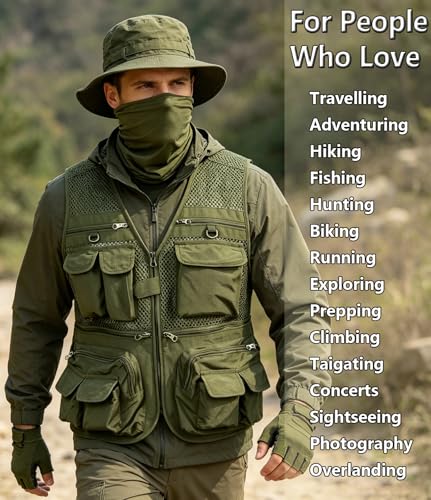 HUNTURE Fishing Vest,Pocket Vest and Hat Gloves Neck Gaiter Set for Men,Lightweight Utility Outerwear Vest - color: Green, size: Small