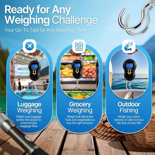 Flexzion Digital Hanging Scale – 110lb/50kg Portable Luggage Scale, and Fish Scale with Electronic Backlight LCD, Stainless Steel Hook