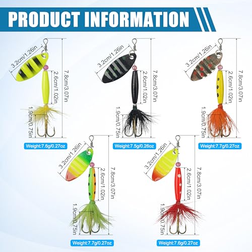 Spinner Baits Bass Lures Rooster Feather Tail Fishing Lures Trout Lures Hard Metal Inline Spinnerbaits for Bass Trout Pike Walleye Salmon with Tackle Box - style: B-10pcs-3"-0.27oz