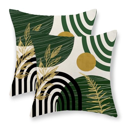 Boho Green Pillow Covers 18x18 Set of 2 Green Gold Leaf Tropical Decor Mid Century Throw Pillows Outdoor Bohemian Decorative Pillowcase Farmhouse Abstract Modern Cushion Case for Couch Sofa - color: Mid Century-green 1, size: 18" x 18" (Pack of 2)