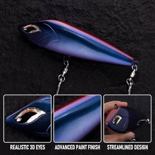 Alwonder High Speed Trolling Lures Up to 17 Knots Saltwater Fishing Lures Sinking Hard Baits 6-3/4”/7.5oz with Heavy-Duty 7/0 Hook Deep Diving Jerkbait Fishing Plug Offshore Lure for Marlin Tuna Wahoo - color: Purple Black