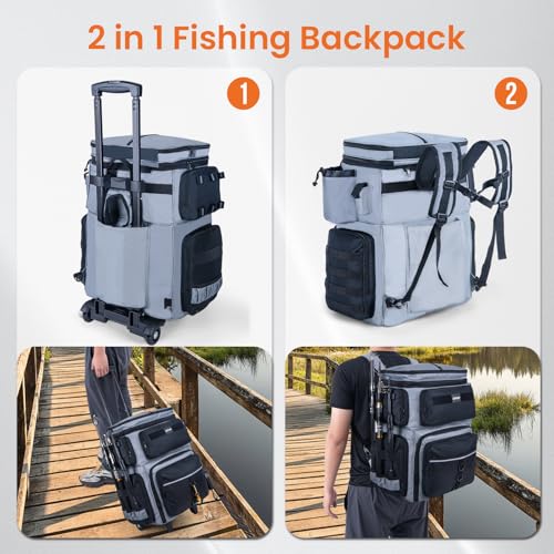 Goture 66L Rolling Tackle Box with Cooler, Gray Large Fishing Bag with Wheels for 5 3700 Trays(Trays Not Included), Saltwater Resistant Tackle Backpack with Rod Holders - color: Gray, size: No Trays