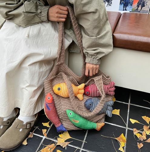 Knitted Beach Shoulder Bag for Women 3D Fish Bohemian Tote Versatile Purse Soft Hobo Handbag for Summer Vacation 2026 - color: E Khaki