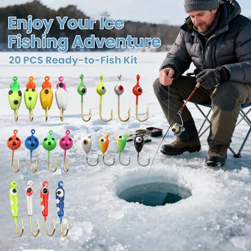Glow Ice Fishing Jigs | Winter Ice Fishing Lures Set | Micro Jig Head for Pike, Panfish, Crappie, Perch, Walleye, Trout, Bluegill - with Storage Box - color: 20pcs