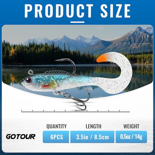 GOTOUR Pre-Rigged Soft Fishing Lures with Weedless Hook, Lifelike Paddle Tail Swimbaits for Bass Fishing, Freshwater & Saltwater Fishing Bait, Fishing Tackle for Bass, Pike, Trout, and Walleye - color: B2-3.5"-0.45oz
