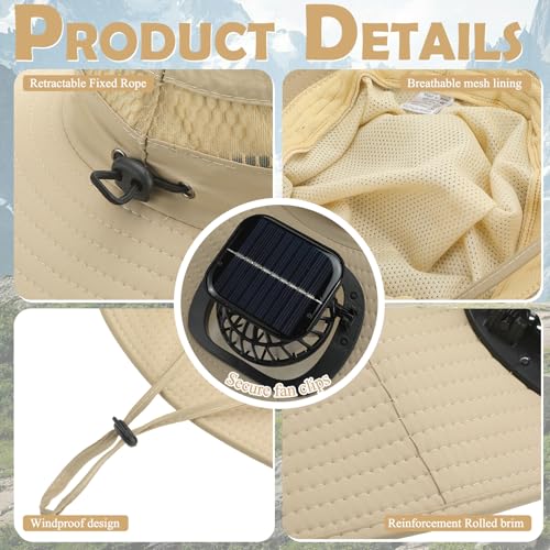 Berlune Sun Hat with 2 Solar Fan Wide Brim Fishing Bucket Hat USB & Solar for Men Women UPF 50+ Cooling for Fishing Beach - color: Khaki, size: 5.9 Inch Brim