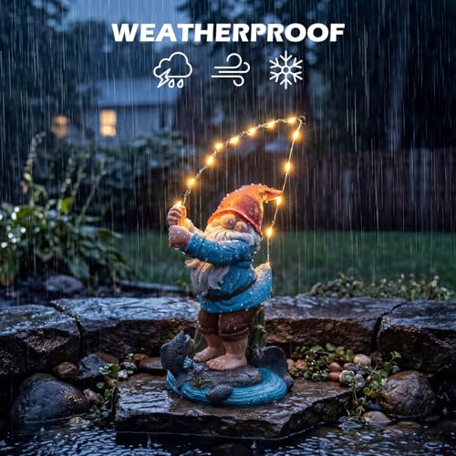 EXYGLO Solar Gnome Garden Statue Decor, 8.5" Fishing Gnome Outdoor Funny Decoration for Lawn, Patio, Yard, and Unique Housewarming, Birthday Ornament Gift for Mother, Friend, Family - style: Fishing Gnome