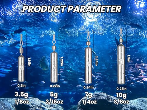50Pcs Fishing Weights Sinkers Drop Shot Weights Pencil Skinny Sinkers with Barrel Swivel Casting Sinkers Catfishing Sinkers Lead Weights Sinkers for Saltwater Freshwater Fishing-(3.5-10g) - size: 1/4oz(7g)-40 Pack