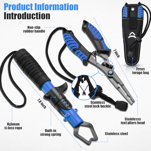 RoundFunny 3 Pcs Fishing Tool Kit, Fishing Landing Net with Telescoping Pole Handle, Fish Plier with Sheath, Fish Lip Gripper for Freshwater Extend to 30-56 Inches, Gear Gifts for Men Women