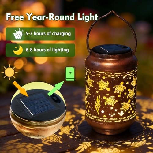 HONGLAND Sea Turtle Solar Lanterns Outdoor Waterproof Hanging Garden Decor, Gifts for Mom Grandma Women, Solar Lights Metal LED with Shepherd Hook for Patio Yard Porch Lawn - color: Sea Turtle