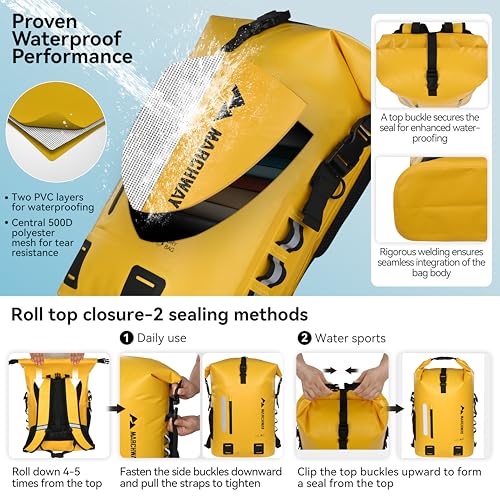 MARCHWAY Roll Top Waterproof Backpack, Floating Dry Bag 20L/30L/45L with Ergonomic Rectangular Base, Cushioned Back, Hip Strap for Hiking Camping Kayaking Travel (Yellow, 45L) - color: Yellow, size: 45L