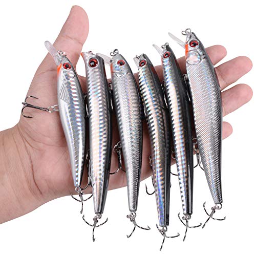 Saltwater Fishing Lures Kit - 6pcs Surf Sripers Saltwater Minnow Lures Jerkbait Popper Plugs Set Inshore Offshore Ocean Fishing Lures Tackle for Bass Trout