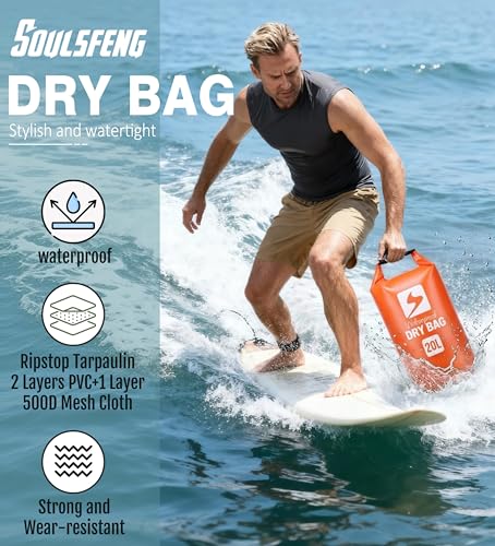 Soulsfeng Waterproof Dry Bag Backpack, Roll Top Floating Dry Storage Bag with Phone Case, Lightweight Dry Sack for Kayaking, Boating, Beach, Travel, Camping 20L, Orange - color: Orange, size: 20L