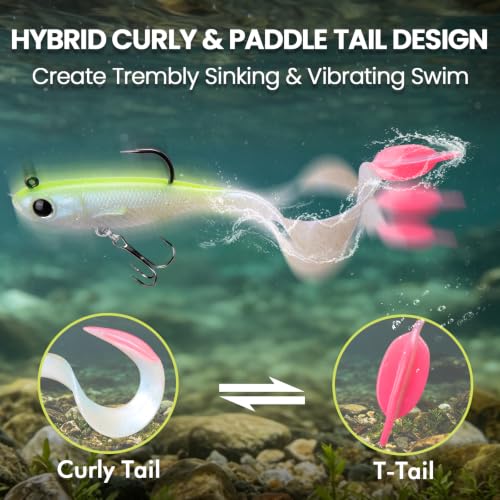 TRUSCEND Duramax TPE Soft Fishing Lures with BKK Hooks, Easy Catch Curly & T-Tail for Trembly Sinking & Vibrating Swim, UV or Glow Effect for All Conditions, Pre-rigged Swimbait for Bass Trout Crappie - color: A3-4"-1/2oz