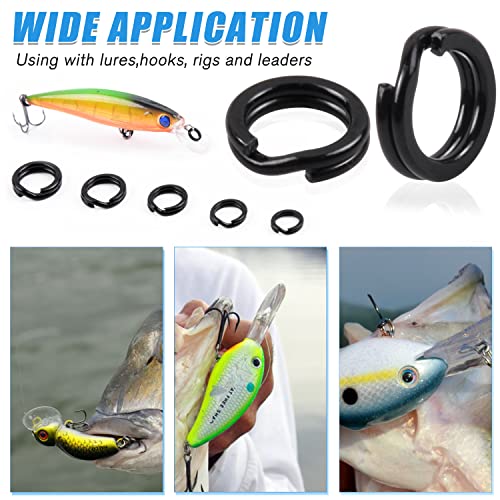 Fishing Split Rings Set,200pcs Stainless Steel Lure Rings Heavy Duty Double Flattened Hyper Wire Snap Ring Saltwater Lure Tackle Connector for Jigging Trolling - color: Black(200pcs Kit)