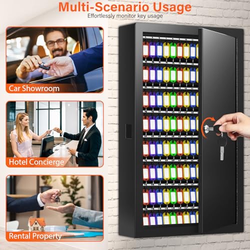 Nebakne 200 Keys Key Cabinet, Anti-Theft Key Lock Box with Key Tags, Adjustable Key Organizer Wall Safe for Car Office House Garage Rental Business - color: Black, size: 200 Key Hook