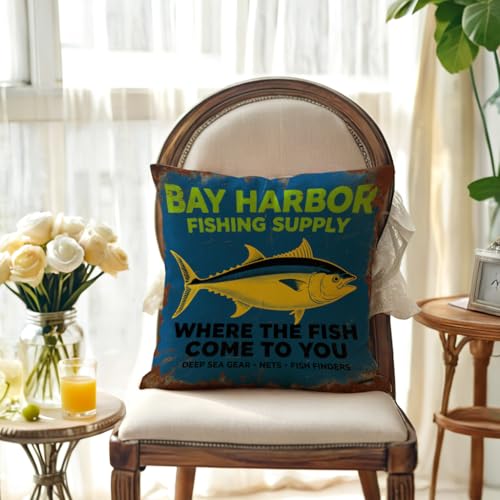 Rustic Fishing Throw Cushion Case 18x18 Inch Bay Harbor Fishing Supply Tuna Pillow Cover for Lake House Cabin Man Cave Couch Sofa Outdoor Fishing Decor Pillowcase (Blue) - color: Blue