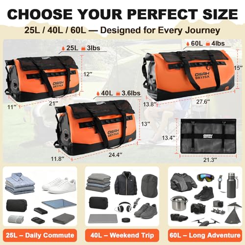 OSAH DRYPAK Waterproof Duffel Bag 25L/40L/60L – Heavy-Duty Motorcycle Tail Bag, Roll-Top Dry Bag for Travel, Camping, Boating, Kayaking, Outdoor Adventure - color: ORANGE, size: 25L