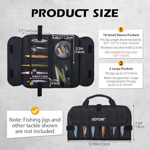 Goture Fishing Jig Bag,20 Mesh Pockets Portable Water-Resistant 600D PU Fishinig Lure Bag Saltwater Freshwater Suitable For Max 5.7" Length Vertical Jig Slow Pitch Jigging Bait Storage (12.99"x7.09") - color: A:12.99”x7.09”