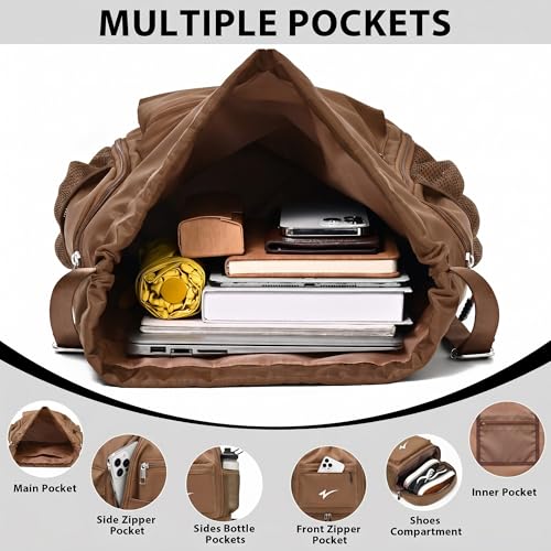 Sport Drawstring Backpack, Gym Bag with Mesh Side Pockets and Separate Shoe Compartment, Water-Resistant (Khaki) - color: Khaki