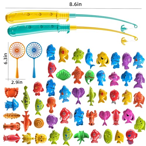 TEMI Fishing Toy Game for Kids 3 4 5 6 7 8 Years Old, 51 Fish Bath Playset for Toddlers, Toy Magnetic Rod and Fishing Net, Outdoor Water Toys for Kids Age 3-5, Party for Boy and Girl - size: 51 Fish