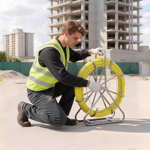 VEVOR Fish Tape Fiberglass, Duct Rodder Fishtape Wire Puller with Stand, 1/4-Inch Cable Running Rod, Marked Every 5 Feet, Fishing Tools for Walls and Electrical Conduit, Non-Conductive - size: 27.17 x 8.27 x 31.50 in / 690 x 210 x 800 mm
