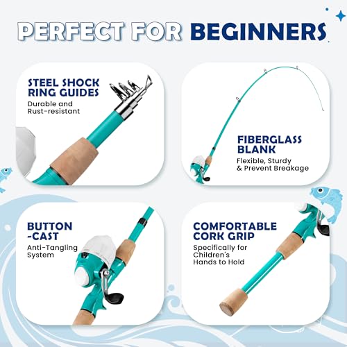 Kids Fishing Pole, Portable Telescopic Kids Fishing Poles for Boys Girls Youth, Fishing Rod and Reel Combo - color: Turquoise