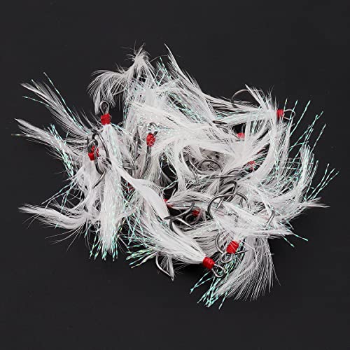Conskyee 20pcs Feather Treble Fishing Hooks Size 4 Tied Round Bend Barbed Triple Hooks with White Feather