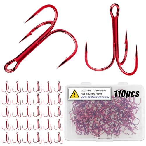 Treble Fishing Hooks, 110pcs Super Sharp Triple Fish Hook Classic Round Bend High Carbon Steel Treble Hooks Barbed for Catfish Bass Trout Freshwater Saltwater - color: Red, size: 110pcs 14#