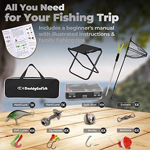 DaddyGoFish Kids Fishing Pole - Rod Reel Combo Tackle Box Starter Set - First Year Small Dock Gear Kit for Boys Girls Toddler Youth Age Beginner Little Children Junior Anglers - color: Black (Complete Set), size: 4ft