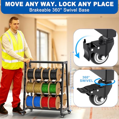 Kipika Heavy Duty Mobile Wire Spool Rack - 12-Rod Adjustable Cable Reel Holder with Locking Swivel Casters, Alloy Steel Frame for Industrial, Electrical, Workshop, 400LB Capacity - color: C: Mobile Wire Spool Holder (12 Rods)