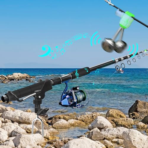 Aluminum Bank Fishing Rod Holder with 10 Fishing Bells | Heavy Duty Ground Spike Fish Pole Stand Rack for Shore, Surf, Beach Fishing - Great Fathers Day Gift for Men