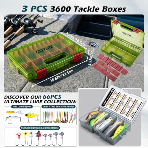 Goture Fishing Kits for Adult,Fishing Pole and Reel Combo, OpenSide Fishing Sling Tackle Storage Bag with 3 Tackle Boxes,Gift for Men - color: Green 20L Bag + 3600 Trays +Basic Bait Set(Gift Boxed), size: 8FT/2.4M