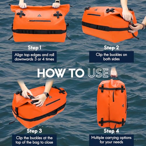 Haimont IPX7 Waterproof Roll-Top Dry Duffel Backpack | 60L/90L Sizes, 500D Tarpaulin, Welded Seams, Mesh Pockets, Boating & Kayaking - color: Orange, size: 90L