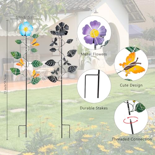 Set of 3 Solar Garden Lights,23'' H Flowers＆Insect Decorative Garden Stakes,Waterproof Metal Spring Yard Art Decor,Solar Stake Lights for Outside,Lawn,Yard,Patio - color: Flowers-3Pack