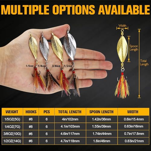 Dovesun 6 pcs Fishing Jigging Spoon Lures for Freshwater Saltwater Casting Spoon with Treble Hook Jig Swivel Hard Metal Spinner Baits for Bass Trout Pike Salmon 1/5oz 1/4oz 3/8oz 1/2oz - color: 6pcs-1/5oz-5G