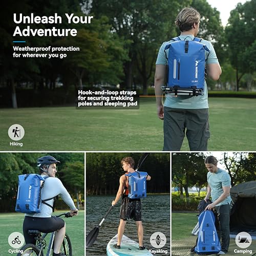 MARCHWAY Roll Top Waterproof Backpack, Floating Dry Bag 20L/30L/45L with Ergonomic Rectangular Base, Cushioned Back, Hip Strap for Hiking Camping Kayaking Travel (Blue, 20L) - color: Blue, size: 20L