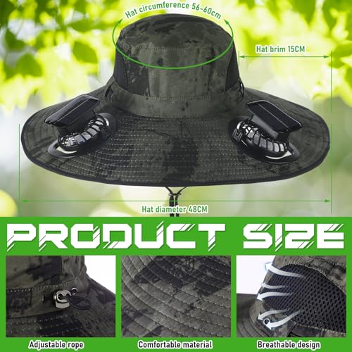 Berlune Sun Hat with 2 Solar Fan Wide Brim Fishing Bucket Hat USB & Solar for Men Women UPF 50+ Cooling for Fishing Beach - color: Army Green, size: 5.9 Inch Brim