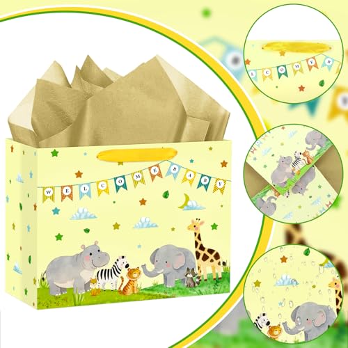 Hooqict Large Baby Boy Girl Gift Bag Baby Shower Wrapping Gift Bag with Handles, Tissue Paper, Greeting Card for Newborn Baby Shower Gender Reveal 1st Birthday Party Favors Supplies - color: Baby
