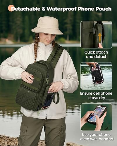 MATEIN Fishing Sling Bag with Lure Rod Holder & Phone Pouch, Waterproof 3600 Tackle Box Backpack with Removable Bait Binder - color: Olive Green