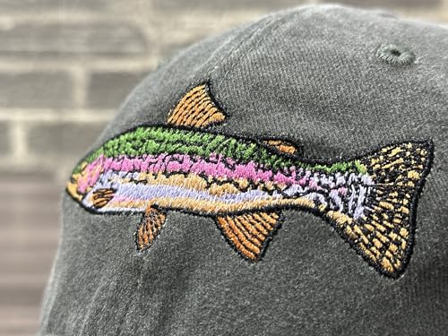 Fishing Baseball Cap for Men Women, Adjustable Embroidered Hat | Fishing Gear, Outdoor Adventure Design, Precision Embroidery Craft, One Size Adjustable Fit - color: Rainbow Trout (Washed Army Green)