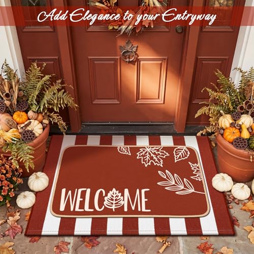 Tinideya 2 Pcs Door Mat Outdoor Welcome Front Doormat Rubber Linen Rug Nonslip Washable Decor for Front Porch(Fall Leaves Welcome Stripes,16 x 28 Inch,24 x 35 Inch) - size: 16 x 28 Inch,24 x 35 Inch, style: Fall Leaves Welcome Stripes