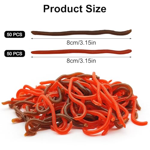100 Pcs 3.3inch Soft Worms Fishing Lure Baits, Earthworm Baits Lifelike Fake Bloodworm,Fresh Water Fishing Bait - color: Red+Brown