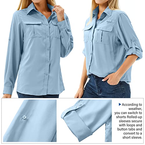 Women's UPF 50 Long Sleeve Sun Protection Shirts Safari Fishing Hiking - color: Blue, size: Large